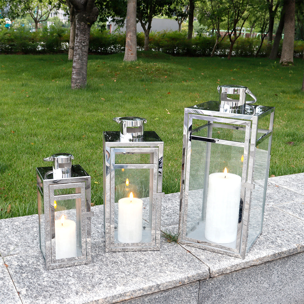 19''&15''&12'' H Stainless Steel Metal Candle Lantern  Candle Holder with Clear Glass Panels(Set of 3)-2