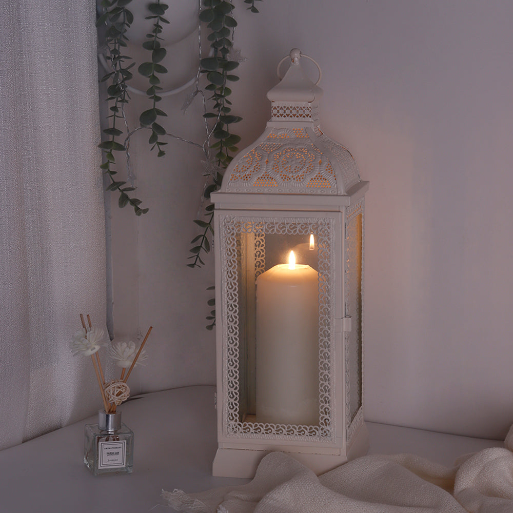 Rustic Metal Decorative Candle Lantern Hanging  Candle Holder with Tempered Glass(White)-4