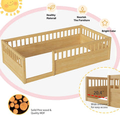 Twin Montessori Floor Bed With High Safety Rails Natural-4