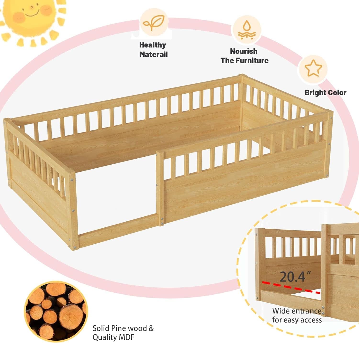 Twin Montessori Floor Bed With High Safety Rails Natural-4