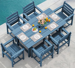 7 Piece Patio Dining Set Outdoor HDPE Table Blue Chairs-0