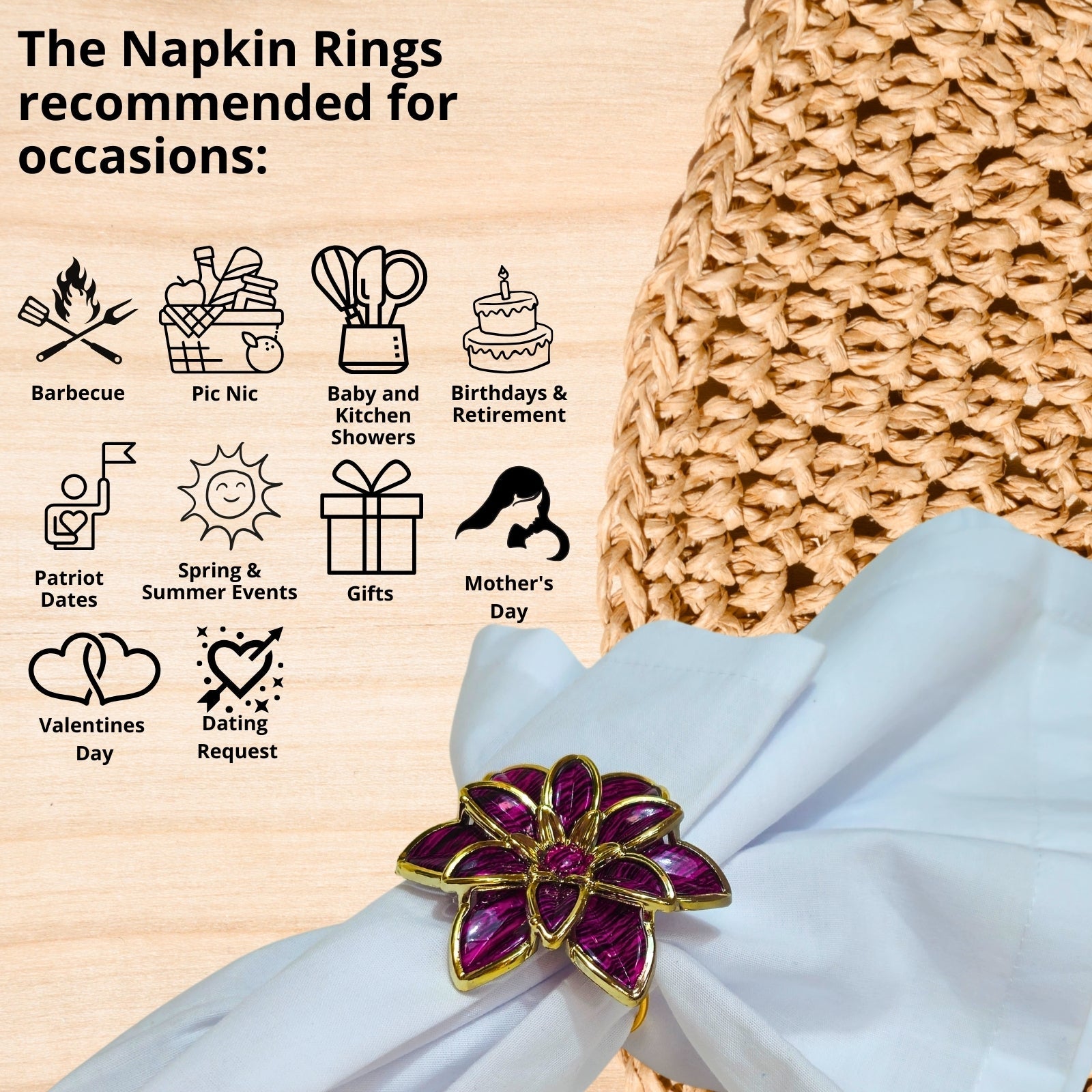 Charlo's Set of 4 Pink Party Delicate Flower Napkin Rings for Wedding, Thanksgiving, Christmas, Wedding, Banquet, Birthday-3