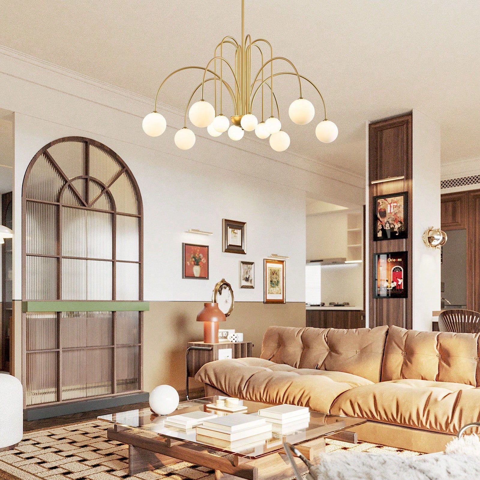 Gold Sputnik Chandelier 52 Inch Radiant Milk Glass Shades