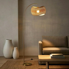 Brass Wave Arc Floor Lamp Handwoven Wicker Shade Aura-0