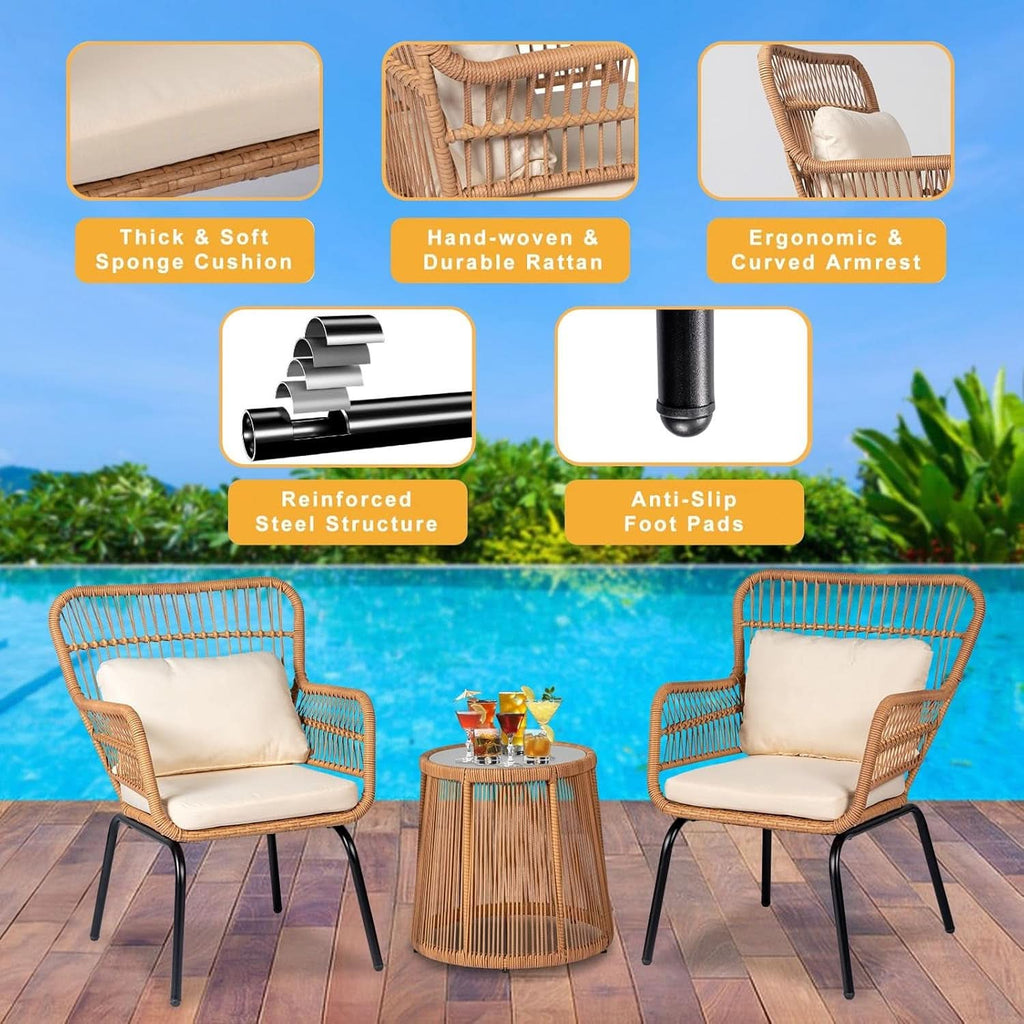 Outdoor Patio Wicker Bistro Set 3 Piece Yellow Beige-1