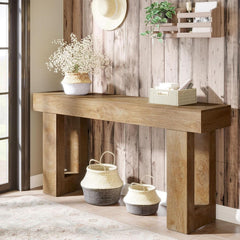 Farmhouse 63Inch Console Table Natural Wood Entryway-2