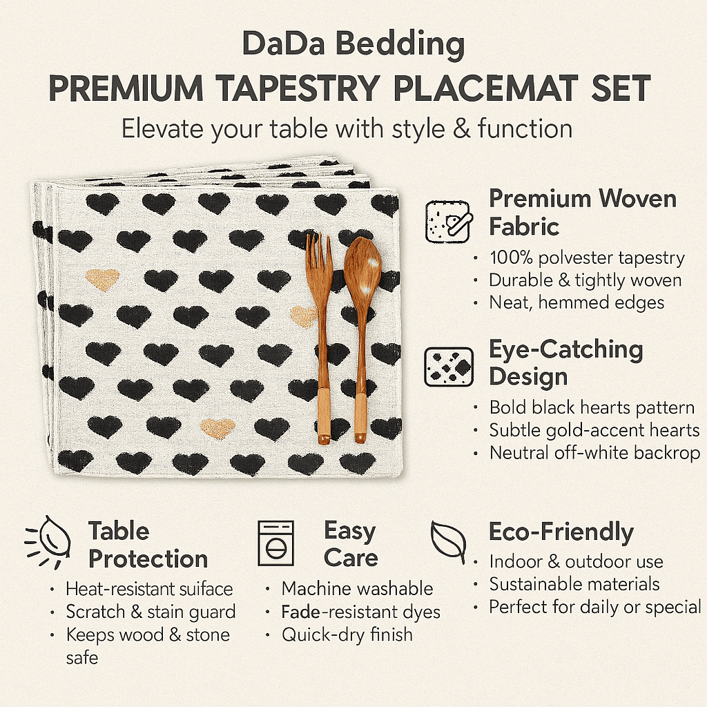 DaDa Bedding Set of 4-Pieces Valentine's day Yellow & Black Hearts Tapestry Dining Table Placemats 13” x 19” (18113)-1