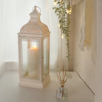 Rustic Metal Decorative Candle Lantern Hanging  Candle Holder with Tempered Glass(White)-3