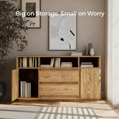 Wooden storage cabinet with books and decor in a room setting, featuring the text 'Big on Storage, Small on Worry'.