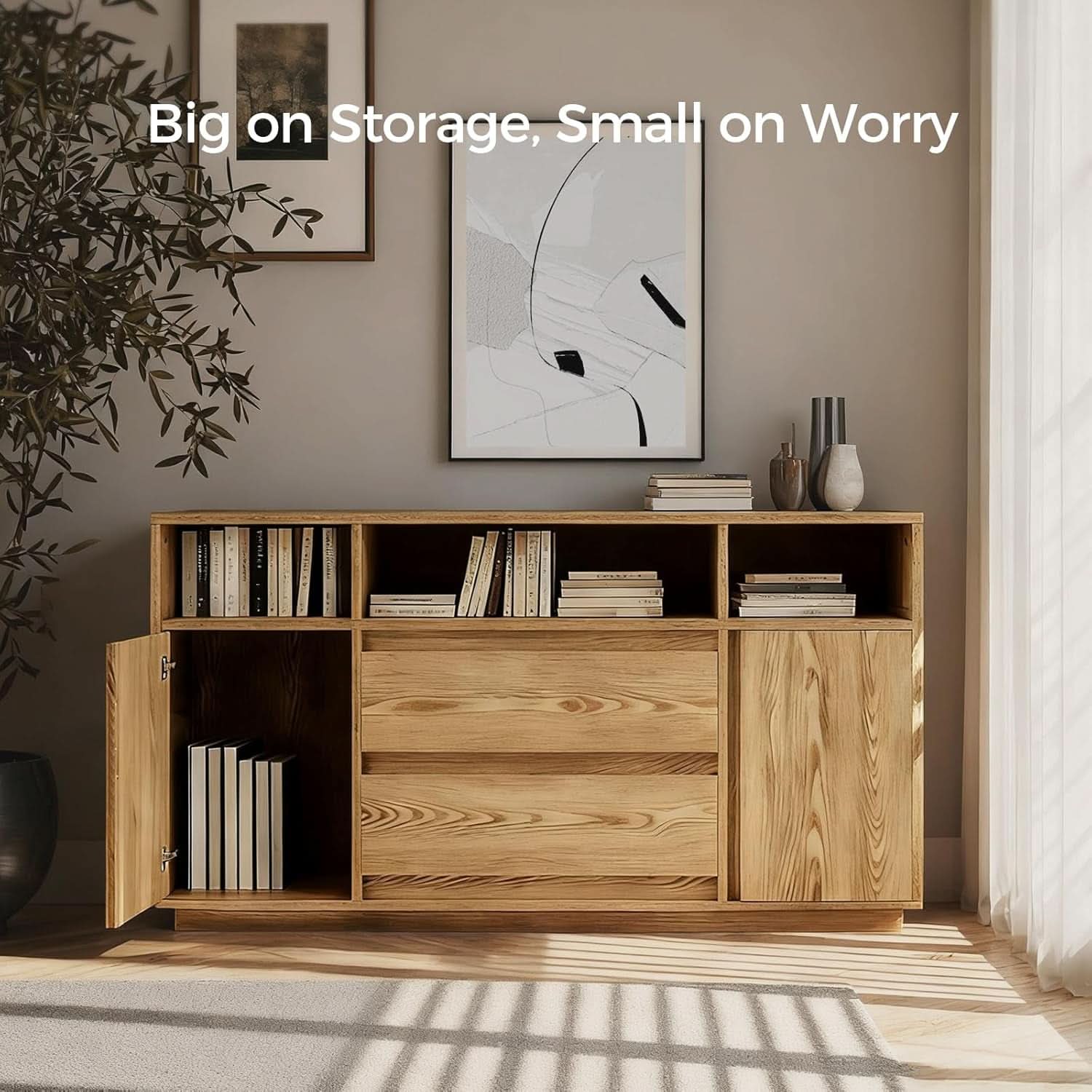 63 Inch Natural Solid Wood Sideboard With Drawers Storage-2