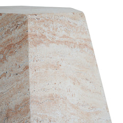 Close-up of a beige travertine marble-patterned side table on a white background