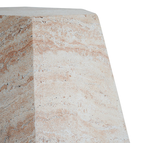 Close-up of a beige travertine marble-patterned side table on a white background