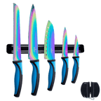 Kitchen Knife Set Kit | Blue Handle, Black Magnetic Rack & Sharpener