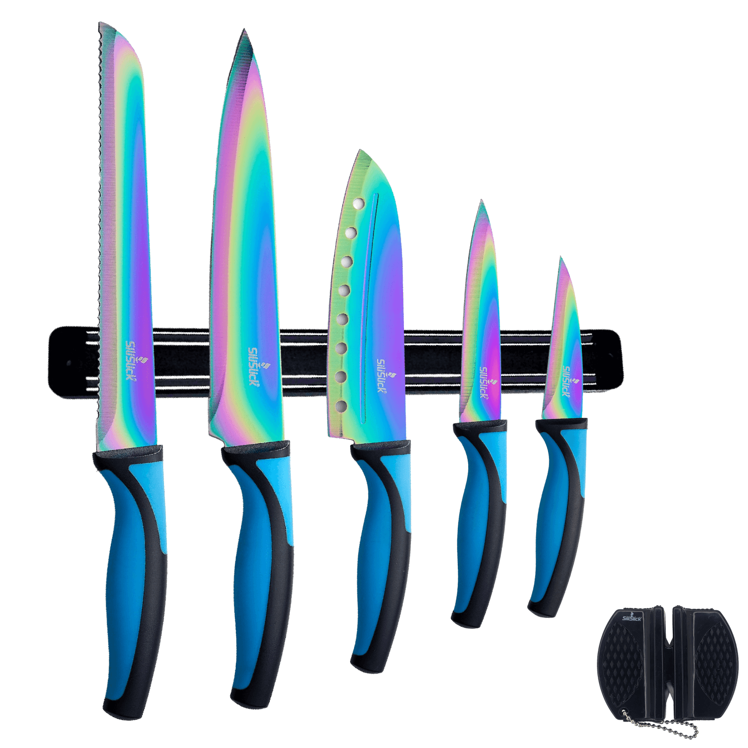 Kitchen Knife Set Kit | Blue Handle, Black Magnetic Rack & Sharpener