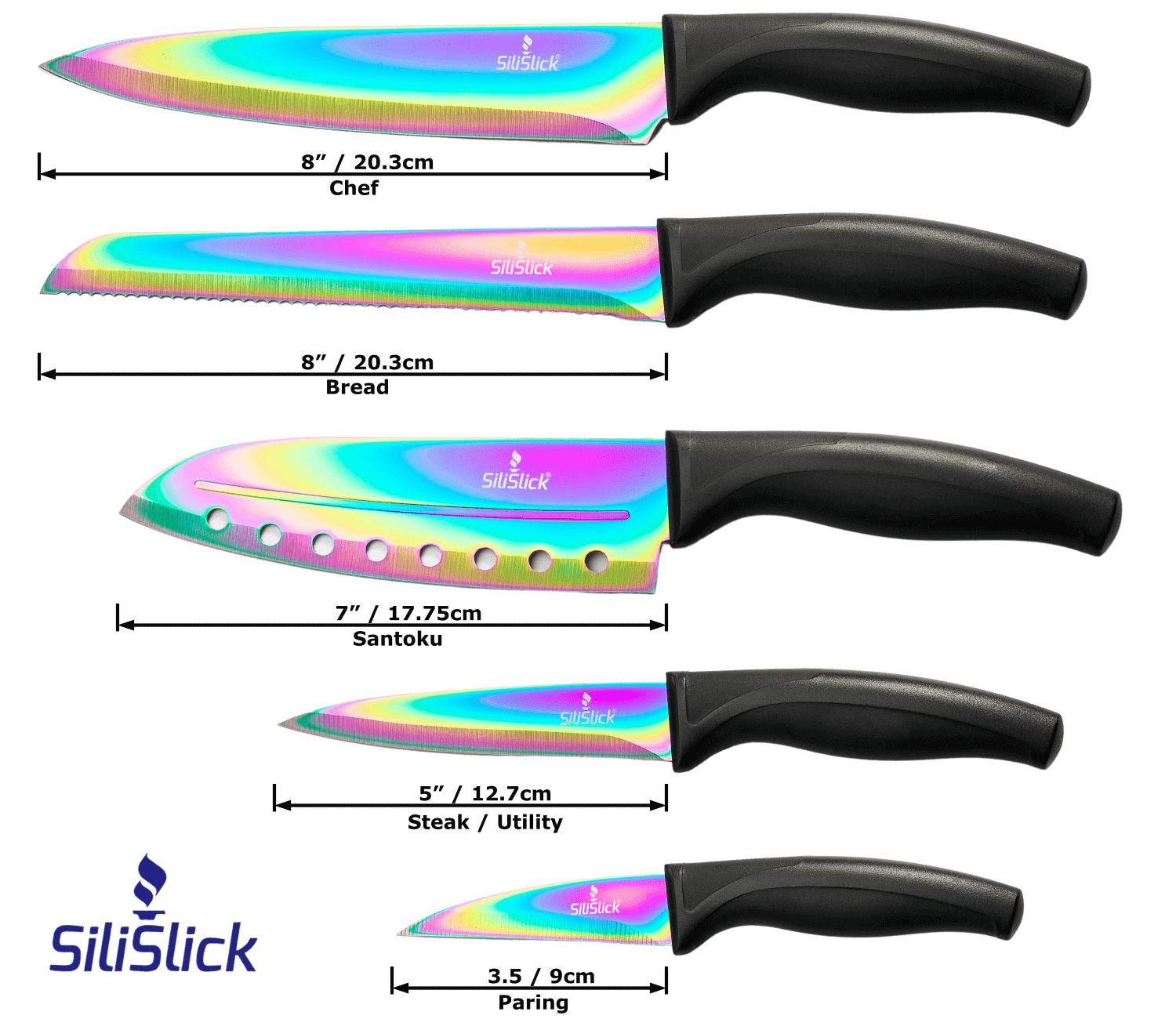 Kitchen Knife Set Kit | Black Handle, Black Magnetic Rack & Sharpener