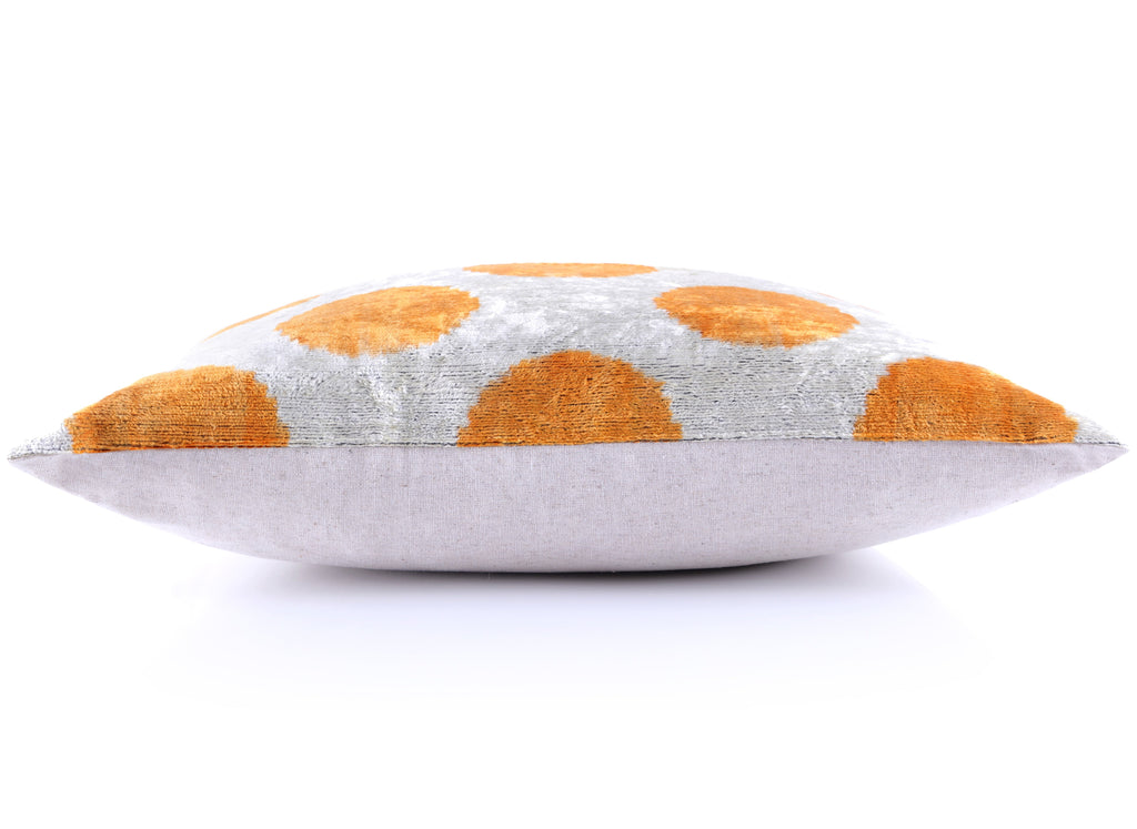 Luxury Handmade 16x16 Velvet Pillow – Gray & Gold Orange Polka Dot