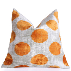 Luxury Handmade 16x16 Velvet Pillow – Gray & Gold Orange Polka Dot