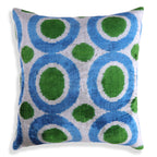 Green & Blue Retro Ikat Pillow – 16x16” Silk Velvet Handmade