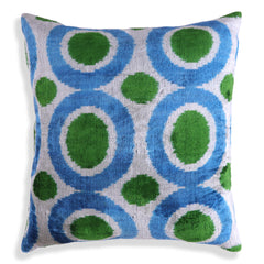 Green & Blue Retro Ikat Pillow – 16x16” Silk Velvet Handmade