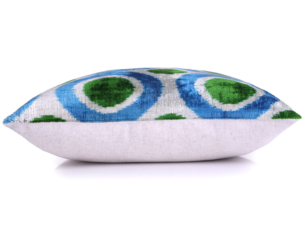 Green & Blue Retro Ikat Pillow – 16x16” Silk Velvet Handmade