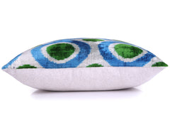 Green & Blue Retro Ikat Pillow – 16x16” Silk Velvet Handmade