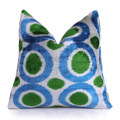 Green & Blue Retro Ikat Pillow – 16x16” Silk Velvet Handmade