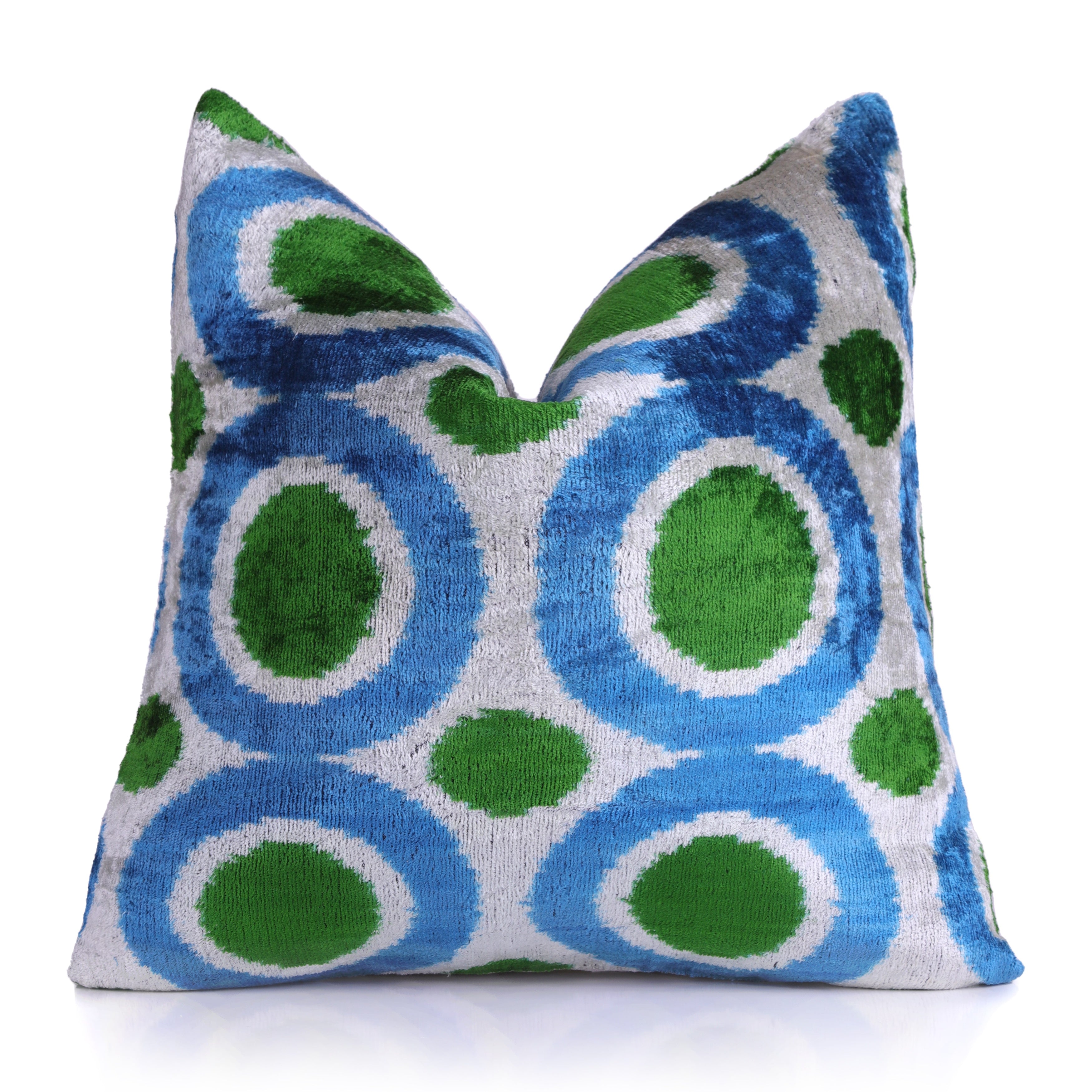 Green & Blue Retro Ikat Pillow – 16x16” Silk Velvet Handmade