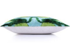 Green & Aqua Ikat Velvet Pillow – 16x16” | Handmade Silk Luxe