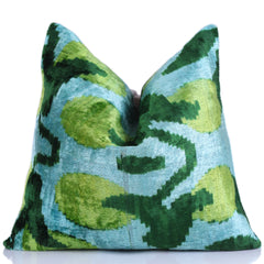 Green & Aqua Ikat Velvet Pillow – 16x16” | Handmade Silk Luxe
