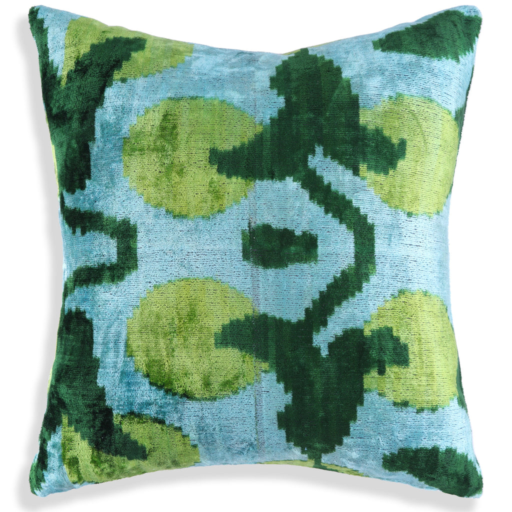 Green & Aqua Ikat Velvet Pillow – 16x16” | Handmade Silk Luxe