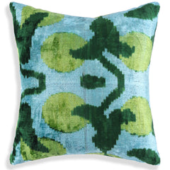 Green & Aqua Ikat Velvet Pillow – 16x16” | Handmade Silk Luxe