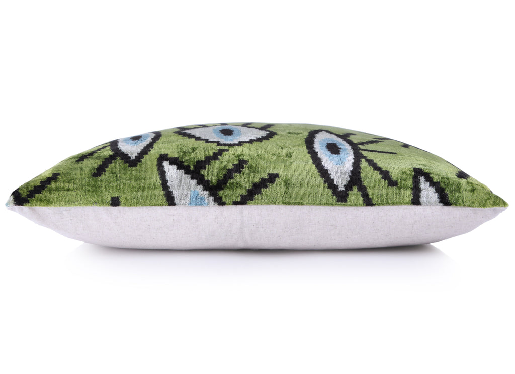 Green Evil Eye Silk Velvet Pillow with insert 16x24 – Handmade in California