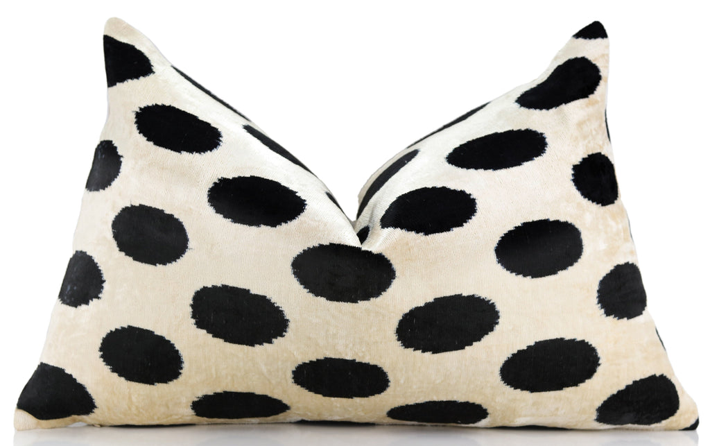 Handmade Velvet Throw Pillow – Black Polka Dot on Ivory (16x24)-0