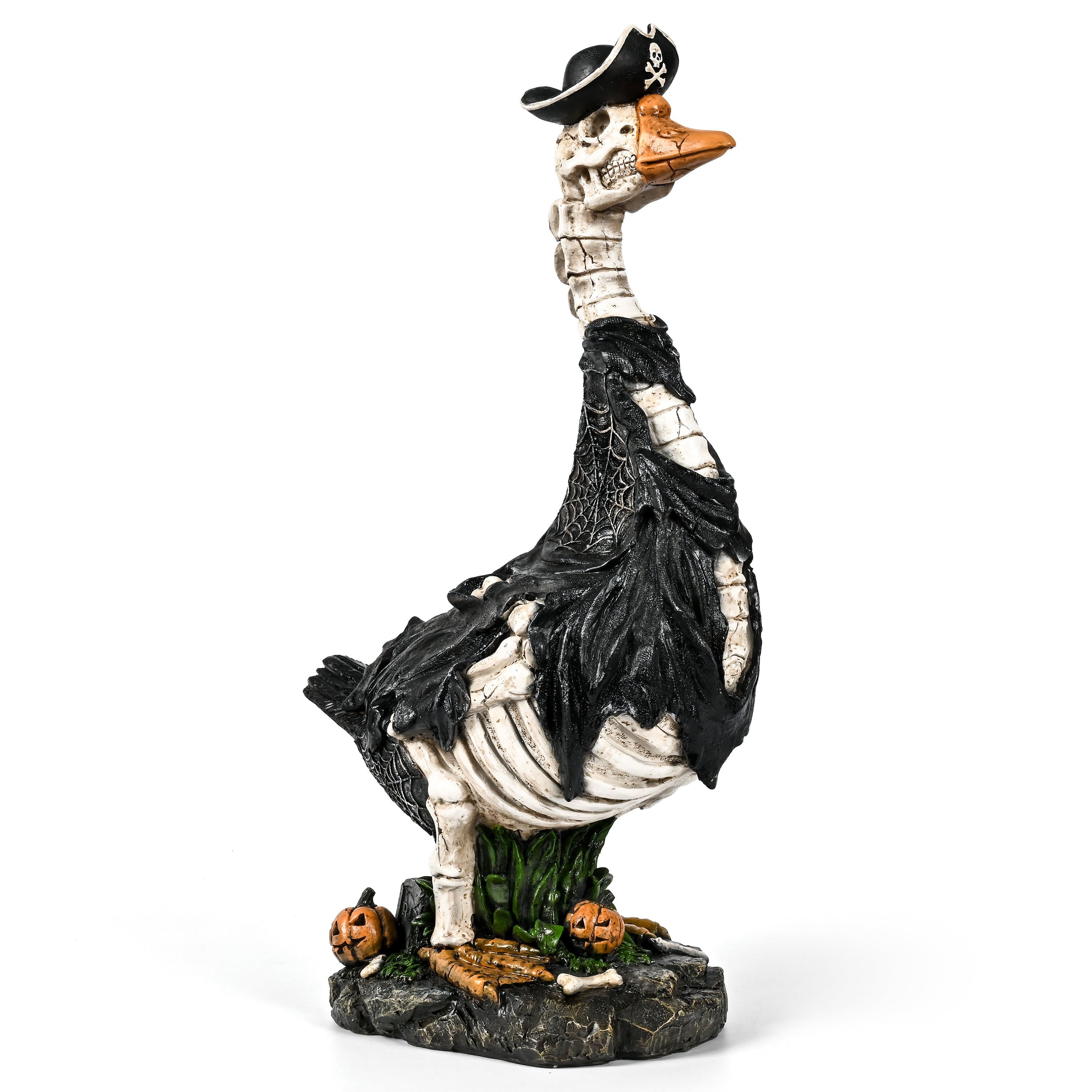 A Halloween decorative skeleton goose figurine standing on a rocky base with small pumpkins, set against a plain white background.