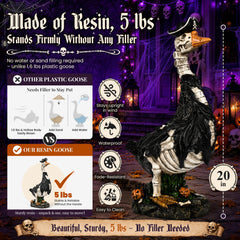 A 5 lb resin skeleton goose Halloween decoration standing on a spooky house porch at night. The product is shown with text callouts highlighting key selling points: 'Made of Resin, 5 lbs', 'Stands Firmly Without Any Filler', size '20 in', and feature icons for no water/filler requirement, staying upright in wind, waterproof, fade-resistant, and easy to clean.