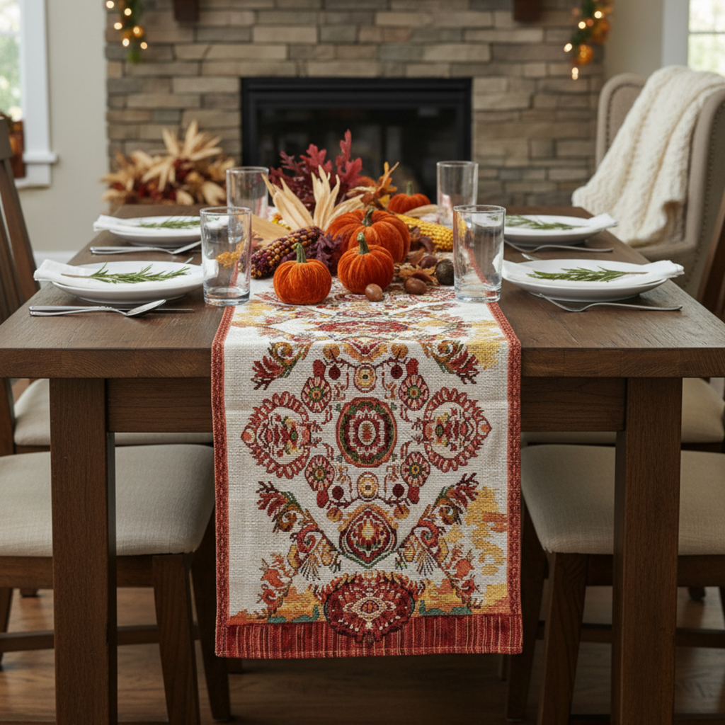 Tache Elegant Burgundy Ornate Paisley Woven Tapestry Table Runner (18194)-2