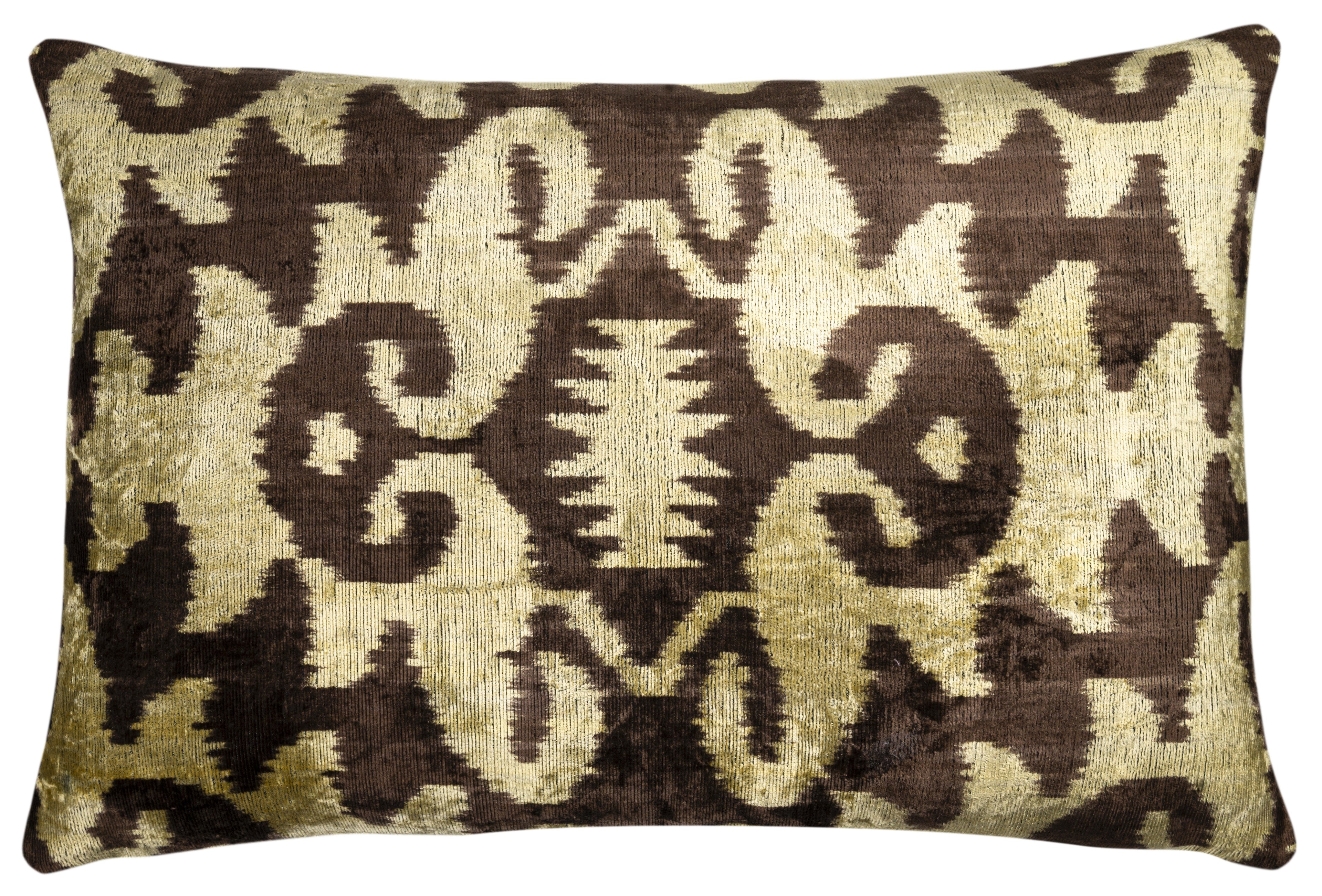 Handmade Velvet Pillow with insert – Olive & Brown Ikat Pattern, 16x24"