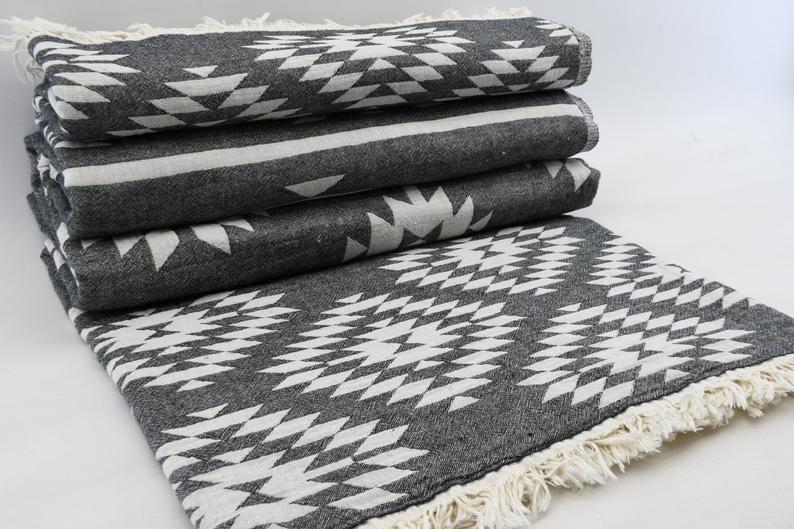 Black Aztec Turkish Towel – Lightweight Quick Dry Beach Towel, Boho Bathroom Decor, Turkish Cotton Bath Towel, Travel & Picnic Blanket-3