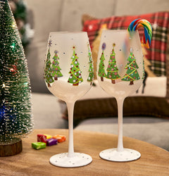 Set of 2 Stemmed Christmas Tree Design Wine Glasses - 14 oz-0