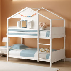Twin Over Twin White Wood House Bunk Bed For Kids Room-4