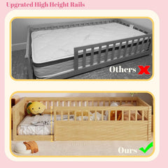 Twin Montessori Floor Bed With High Safety Rails Natural-3