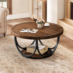 Round Coffee Table 33 Inch Brown Black Industrial Frame-2