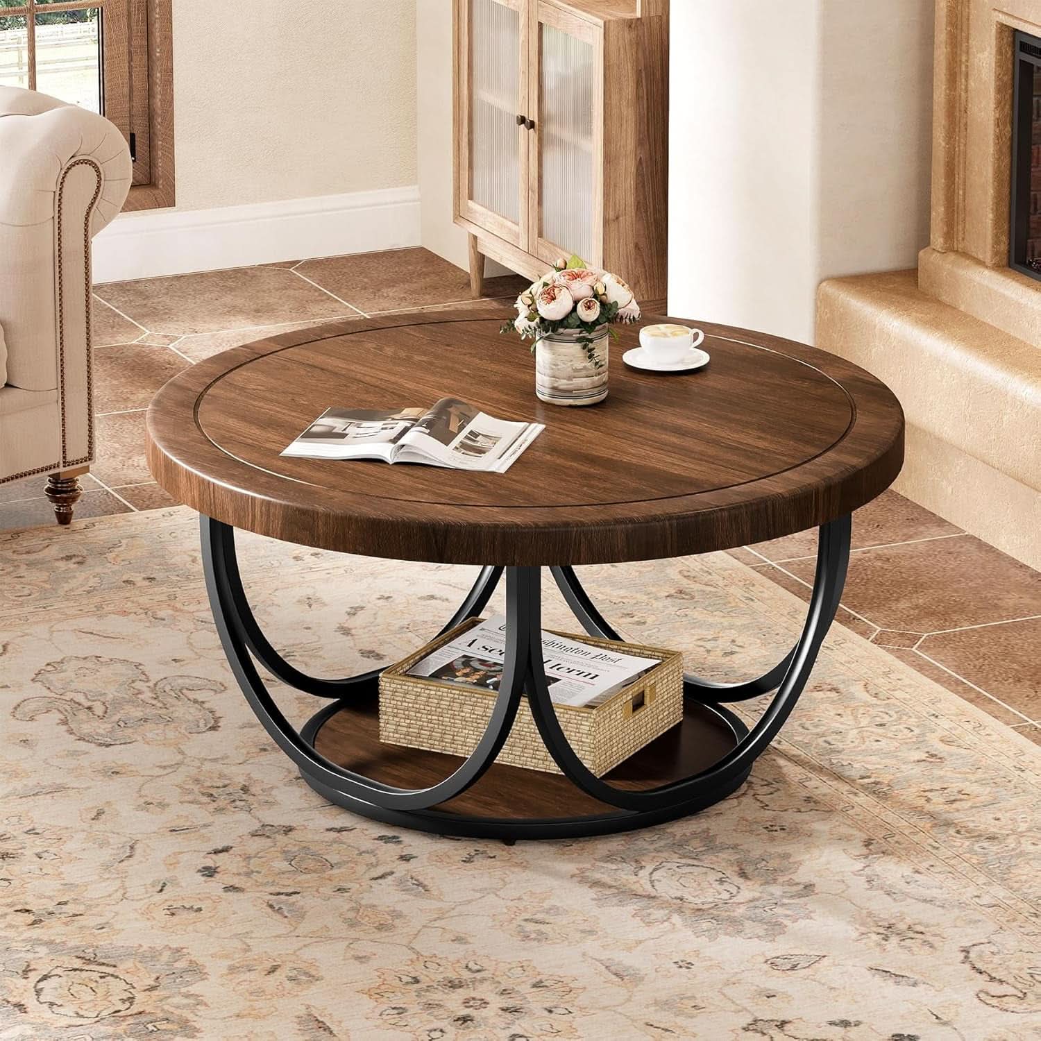 Round Coffee Table 33 Inch Brown Black Industrial Frame-2