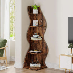 Rustic 5-Tier Corner Shelf All-Brown Bookshelf Storage-3
