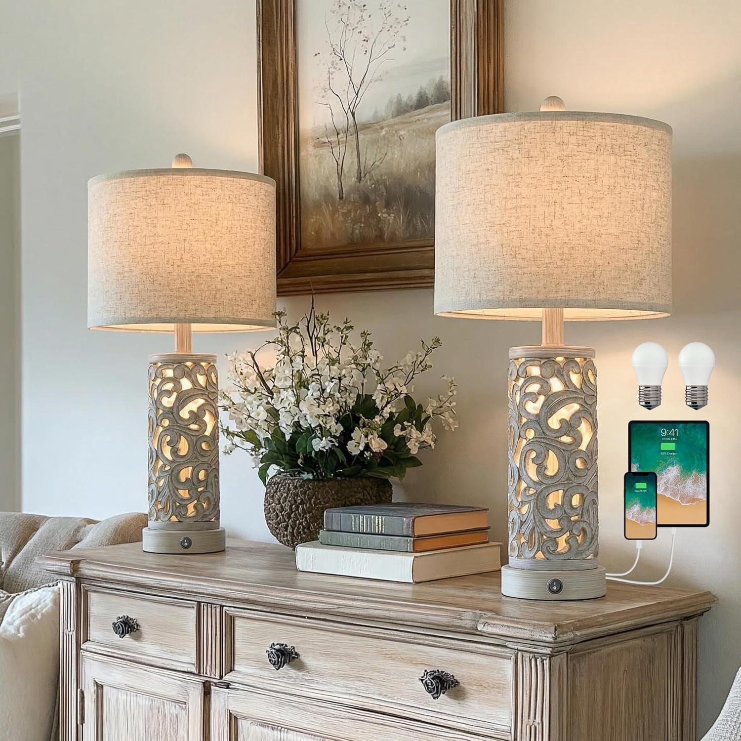 22 Inch Farmhouse Bedside Lamps with USB Night Light Set of 2