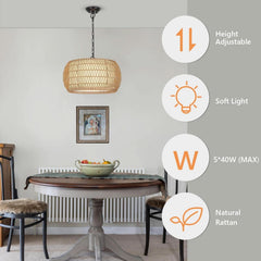 Rattan Farmhouse 5 Light Chandelier With Fabric Shade-2