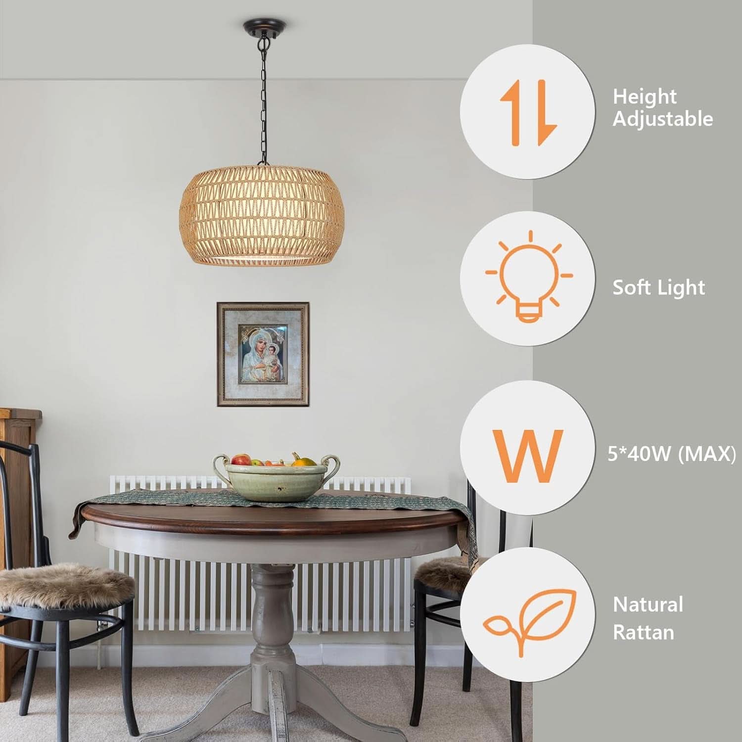 Rattan Farmhouse 5 Light Chandelier With Fabric Shade-2