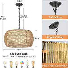 Rattan Farmhouse 5 Light Chandelier With Fabric Shade-3