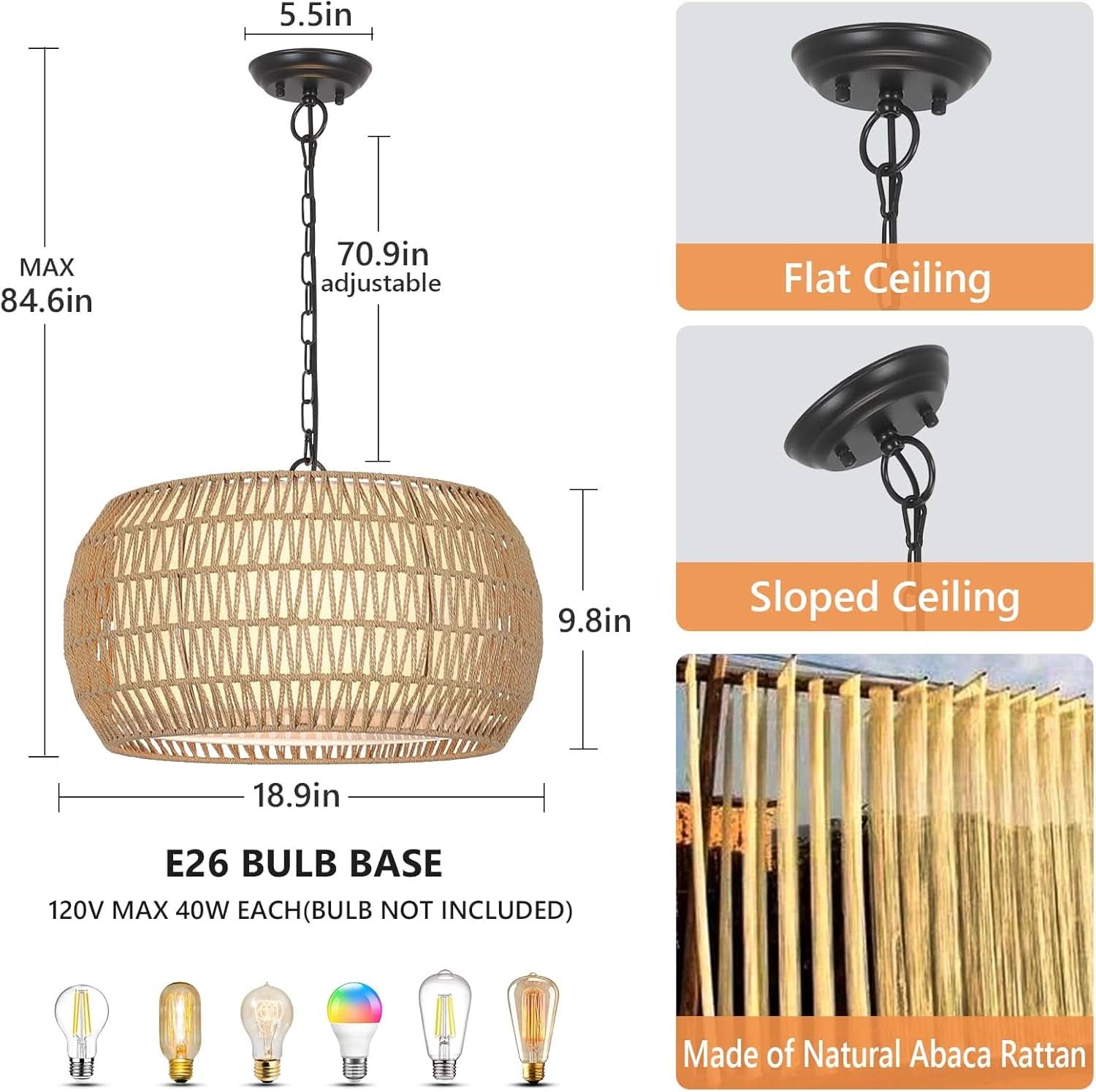 Rattan Farmhouse 5 Light Chandelier With Fabric Shade-3