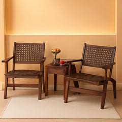3 Piece Patio Conversation Set With Solid Eucalyptus Wood Frame And Brown Rattan Wicker-0